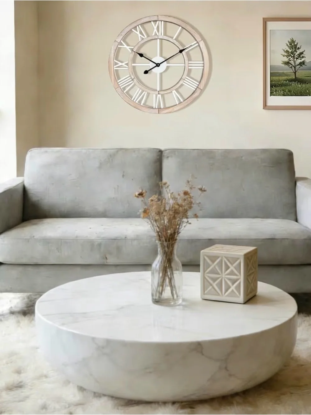 24”Large Rustic Wooden Wall Clock Silent Non-Ticking Farmhouse Decor Light Ivory